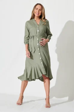 Sale Heartland Midi Dress In Khaki Linen Blend Dresses|Casual