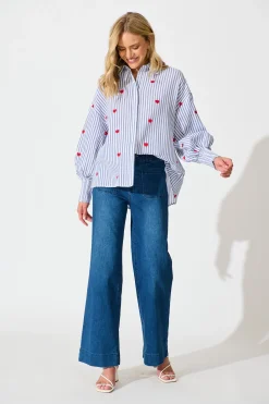 Hot Hearts Desire Shirt in Blue Stripe and Heart Embroidered Tops|Casual