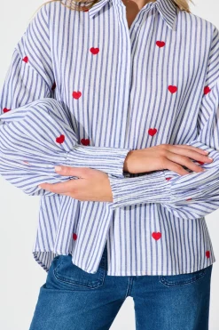 Hot Hearts Desire Shirt in Blue Stripe and Heart Embroidered Tops|Casual