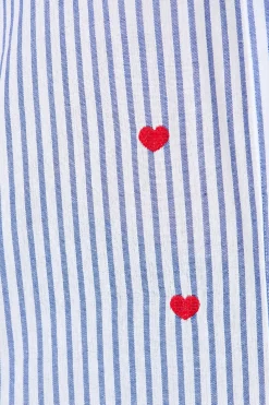 Hot Hearts Desire Shirt in Blue Stripe and Heart Embroidered Tops|Casual