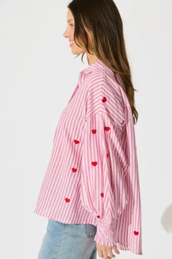 Hot Hearts Desire Shirt in Pink Stripe and Heart Embroidered Tops|Casual