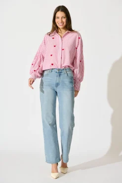 Hot Hearts Desire Shirt in Pink Stripe and Heart Embroidered Tops|Casual