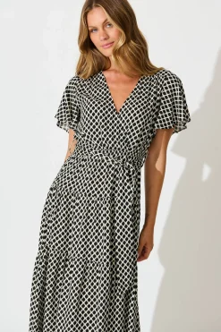 New Heidi Maxi Dress in Black and Cream Geometric Print Dresses|Casual
