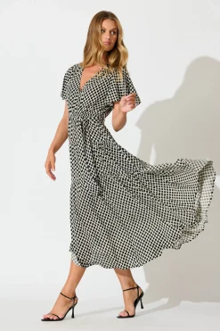 New Heidi Maxi Dress in Black and Cream Geometric Print Dresses|Casual