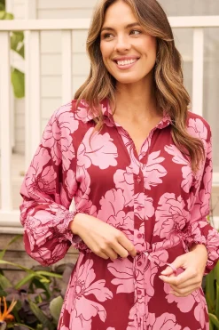 Clearance High Tea Midi Shirt Dress in Wine with Pink Floral Dresses|Casual