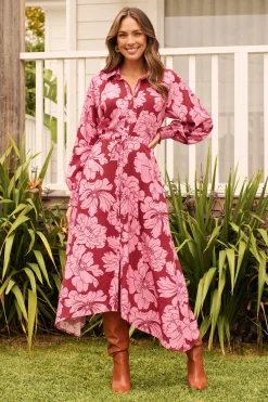 Clearance High Tea Midi Shirt Dress in Wine with Pink Floral Dresses|Casual
