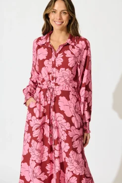 Clearance High Tea Midi Shirt Dress in Wine with Pink Floral Dresses|Casual