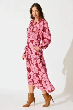 Clearance High Tea Midi Shirt Dress in Wine with Pink Floral Dresses|Casual