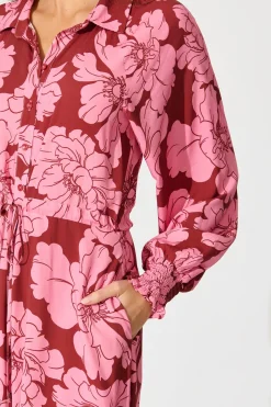 Clearance High Tea Midi Shirt Dress in Wine with Pink Floral Dresses|Casual