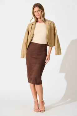Fashion Hold Tight Midi Skirt in Brown Suedette Bottoms|Skirts & Shorts