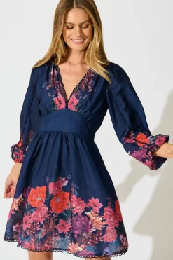 Hot Horizon Bloom Dress in Navy Floral Cotton Blend Dresses|Party