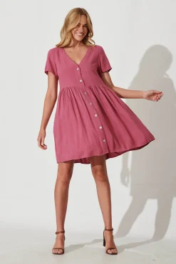 Clearance Horizon Smock Dress In Deep Rose Linen Blend Dresses|Casual