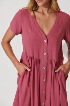 Clearance Horizon Smock Dress In Deep Rose Linen Blend Dresses|Casual
