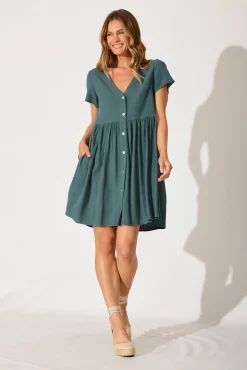 Outlet Horizon Smock Dress In Green Linen Blend Dresses|Casual