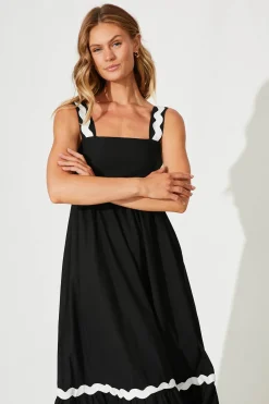 New Idol Midi Sundress In Black With White Ric Rac Trim Cotton Dresses|Casual