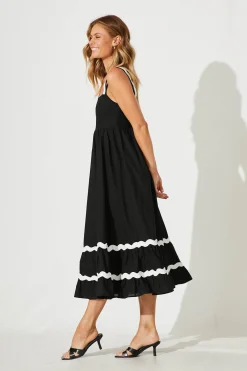 New Idol Midi Sundress In Black With White Ric Rac Trim Cotton Dresses|Casual