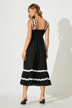 New Idol Midi Sundress In Black With White Ric Rac Trim Cotton Dresses|Casual