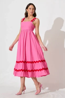 Clearance Idol Midi Sundress In Pink With Red Ric Rac Trim Cotton Dresses|Casual