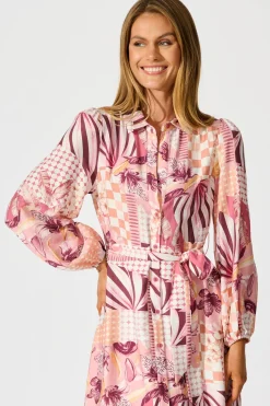 Online Imagination Midi Shirt Dress in Pink Patchwork Floral Dresses|Casual