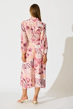 Online Imagination Midi Shirt Dress in Pink Patchwork Floral Dresses|Casual