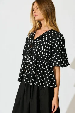 Outlet In the Spotlight Tie Front Top in Black with White Polka Dot Tops|Casual