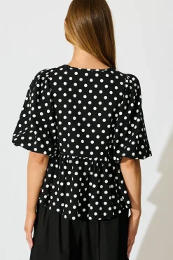 Outlet In the Spotlight Tie Front Top in Black with White Polka Dot Tops|Casual