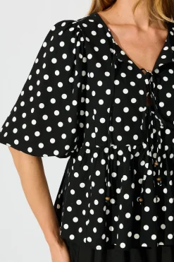 Outlet In the Spotlight Tie Front Top in Black with White Polka Dot Tops|Casual