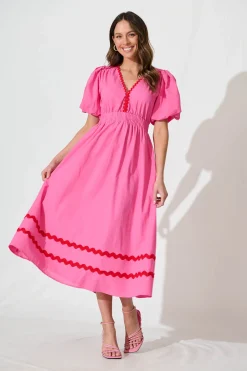 Fashion Indi Maxi Dress In Pink With Red Ric Rac Trim Cotton Dresses|Casual