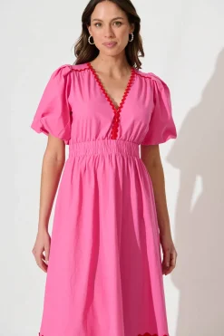 Fashion Indi Maxi Dress In Pink With Red Ric Rac Trim Cotton Dresses|Casual