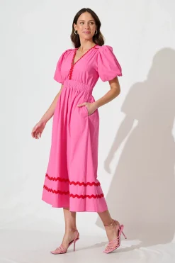 Fashion Indi Maxi Dress In Pink With Red Ric Rac Trim Cotton Dresses|Casual