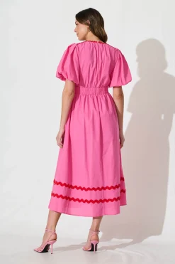 Fashion Indi Maxi Dress In Pink With Red Ric Rac Trim Cotton Dresses|Casual