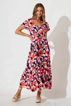 Hot Ingra Maxi Dress In Navy With Multi Print Dresses|Casual