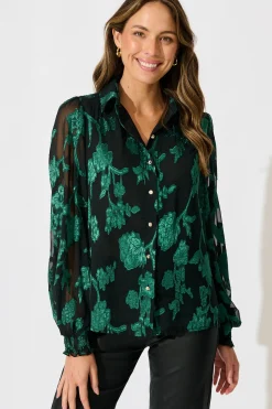 Clearance Irene Shirt in Black with Emerald Floral Burnout Chiffon Tops|Party & Occasion