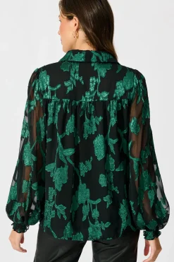 Clearance Irene Shirt in Black with Emerald Floral Burnout Chiffon Tops|Party & Occasion