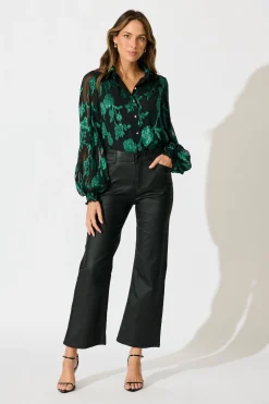 Clearance Irene Shirt in Black with Emerald Floral Burnout Chiffon Tops|Party & Occasion