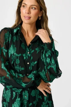 Clearance Irene Shirt in Black with Emerald Floral Burnout Chiffon Tops|Party & Occasion