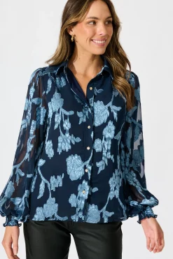 Outlet Irene Shirt in Navy with Blue Floral Burnout Chiffon Tops|Party & Occasion