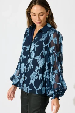 Outlet Irene Shirt in Navy with Blue Floral Burnout Chiffon Tops|Party & Occasion