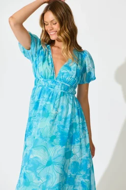 Clearance Isolene Maxi Dress in Blue Watercolour Chiffon Dresses|Casual