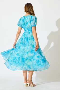 Clearance Isolene Maxi Dress in Blue Watercolour Chiffon Dresses|Casual