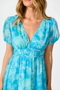 Clearance Isolene Maxi Dress in Blue Watercolour Chiffon Dresses|Casual