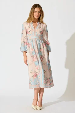 Best Izara Midi Dress in Pink and Blue Placement Linen Blend Dresses|Party