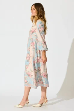 Best Izara Midi Dress in Pink and Blue Placement Linen Blend Dresses|Party