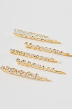 Sale Jacinta Pave and Single Diamante Hair Slides 5 Packs in Gold Hair Accessories