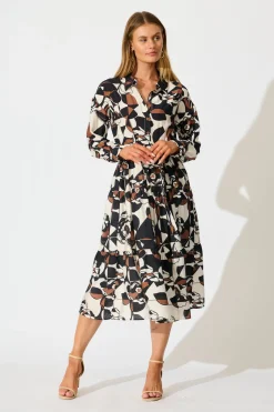 Outlet Jada Midi Dress in White with Black and Brown Print Dresses|Casual