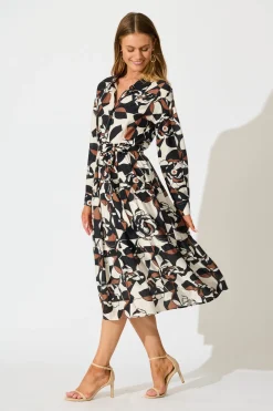 Outlet Jada Midi Dress in White with Black and Brown Print Dresses|Casual