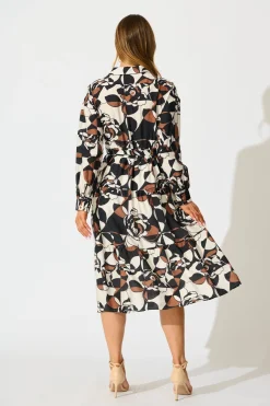 Outlet Jada Midi Dress in White with Black and Brown Print Dresses|Casual