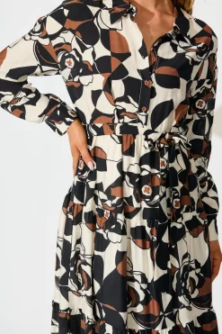 Outlet Jada Midi Dress in White with Black and Brown Print Dresses|Casual