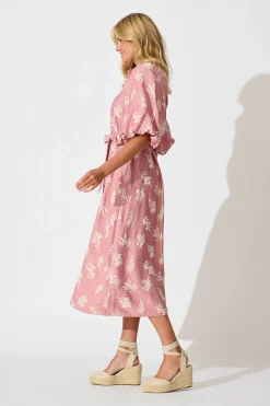 Sale Jasmine Midi Shirt Dress in Dusty Rose with Cream Leaf Dresses|Party