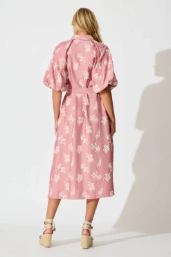 Sale Jasmine Midi Shirt Dress in Dusty Rose with Cream Leaf Dresses|Party